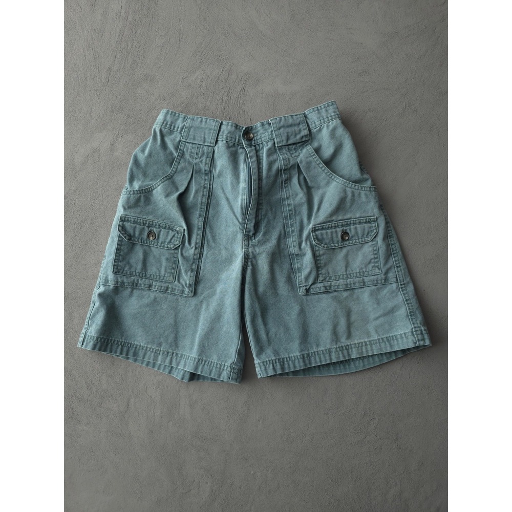 Vintage 90s Faded Cotton Overdyed Green Cargo Shorts Elastic Waist Safari M